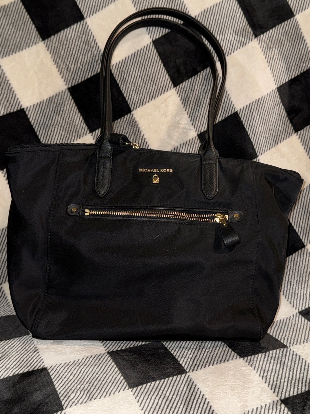 Michael Kors Black Nylon Tote with Gold-Tone Zip Accent